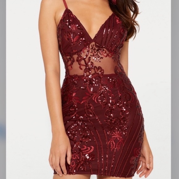 PrettyLittleThing Dresses & Skirts - Pretty Little Thing Burgundy Red Sequin Mini Dress Sheer Panel